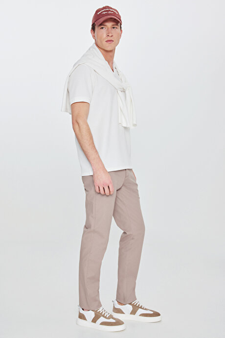 Pamuklu Slim Fit Dar Kesim Yan Cepli Armürlü Esnek Casual Bej Pantolon resmi