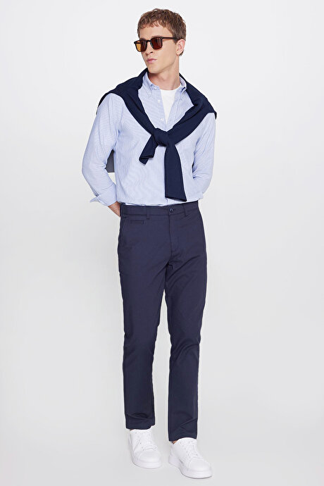 Pamuklu Slim Fit Dar Kesim Yan Cepli Armürlü Esnek Casual Lacivert Pantolon resmi