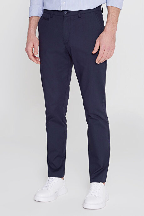 Pamuklu Slim Fit Dar Kesim Yan Cepli Armürlü Esnek Casual Lacivert Pantolon resmi