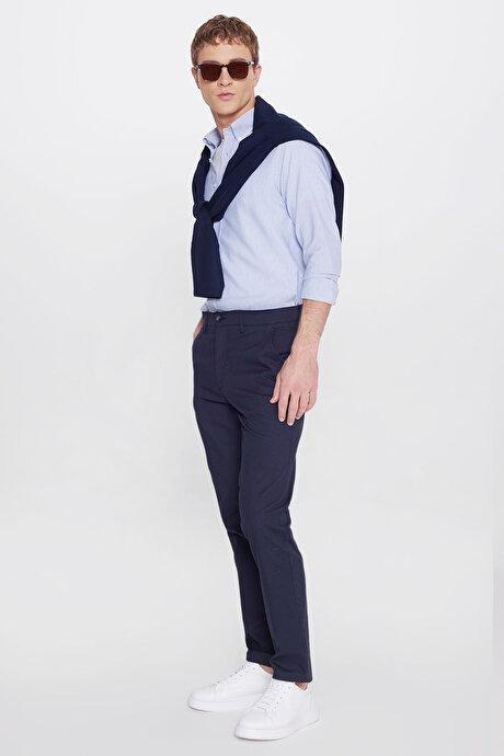 Pamuklu Slim Fit Dar Kesim Yan Cepli Armürlü Esnek Casual Lacivert Pantolon resmi