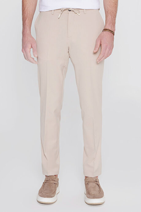 Slim Fit Dar Kesim Beli Bağlamalı Yan Cepli Casual Esnek Bej Pantolon resmi