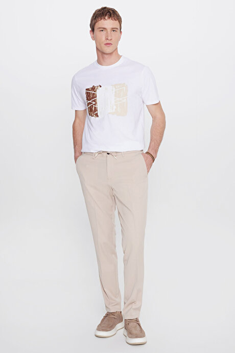 Slim Fit Dar Kesim Beli Bağlamalı Yan Cepli Casual Esnek Bej Pantolon resmi