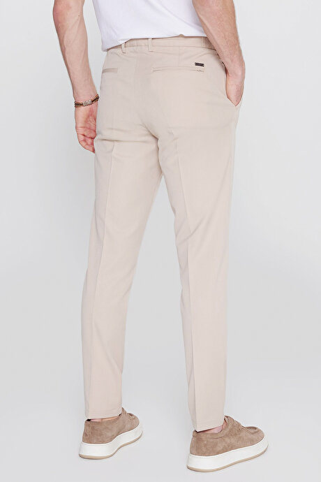 Slim Fit Dar Kesim Beli Bağlamalı Yan Cepli Casual Esnek Bej Pantolon resmi