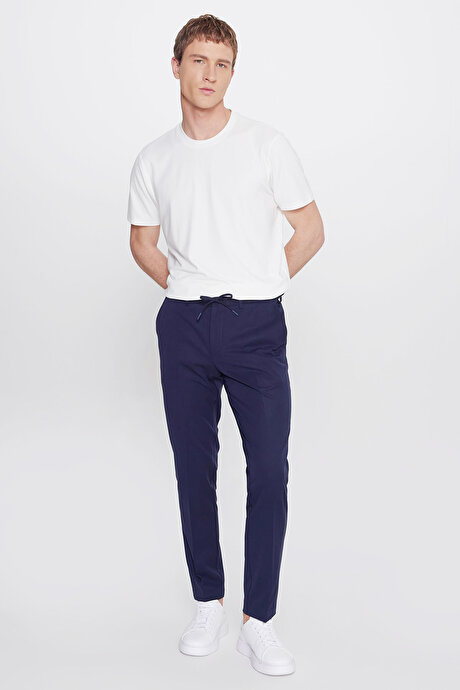 Slim Fit Dar Kesim Beli Bağlamalı Yan Cepli Casual Esnek Lacivert Pantolon resmi