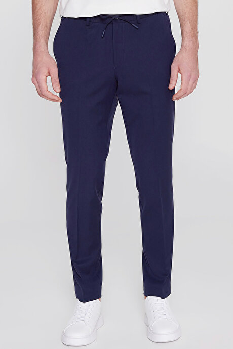 Slim Fit Dar Kesim Beli Bağlamalı Yan Cepli Casual Esnek Lacivert Pantolon resmi