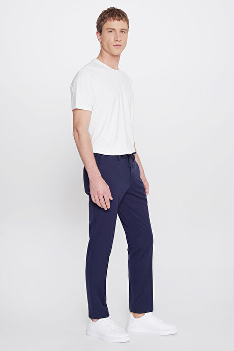 Slim Fit Dar Kesim Beli Bağlamalı Yan Cepli Casual Esnek Lacivert Pantolon resmi