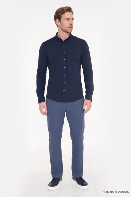 Slim Fit Dar Kesim Yan Cepli İndigo Pantolon resmi