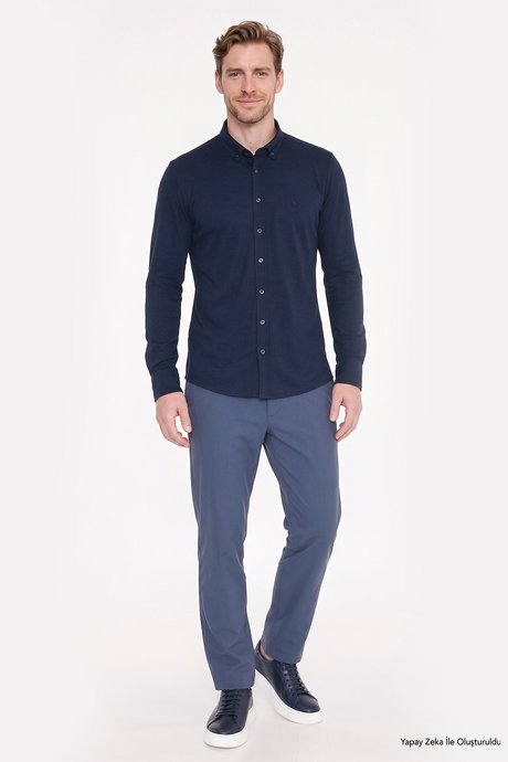 Slim Fit Dar Kesim Yan Cepli İndigo Pantolon resmi