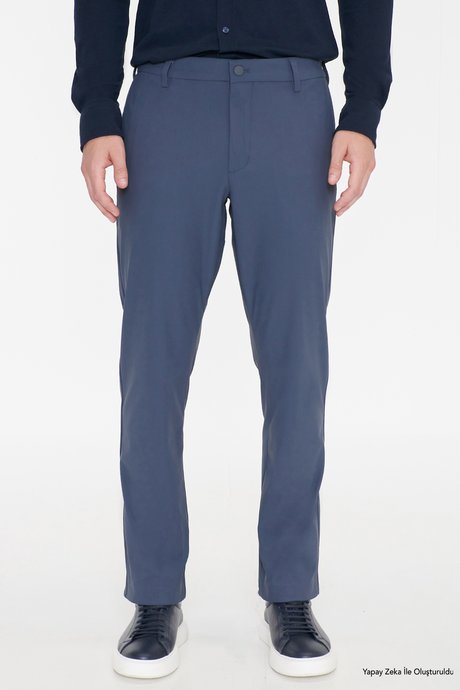 Slim Fit Dar Kesim Yan Cepli İndigo Pantolon resmi