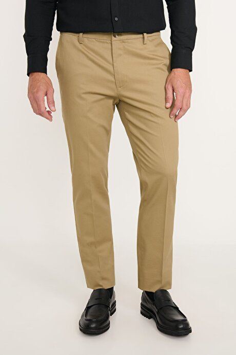 Pamuklu Slim Fit Dar Kesim Yan Cepli Esnek Bej Pantolon resmi