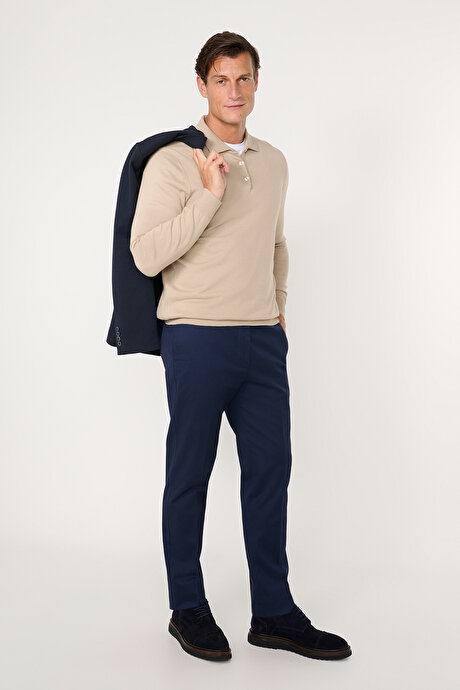 Pamuklu Slim Fit Dar Kesim Yan Cepli Esnek Lacivert Pantolon resmi