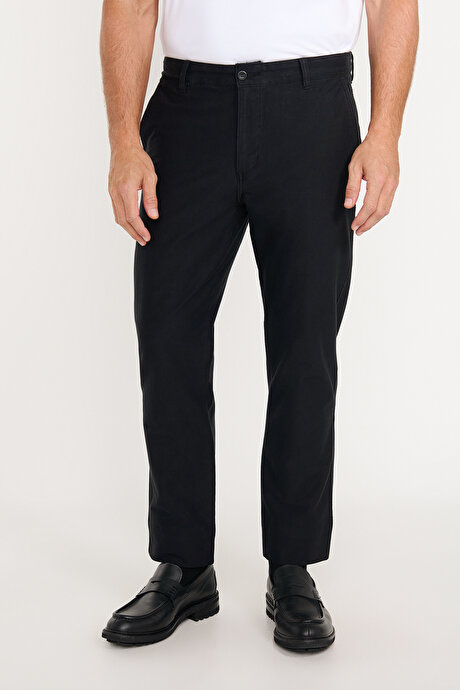 Pamuklu Comfort Fit Rahat Kesim Yan Cepli Siyah Pantolon resmi