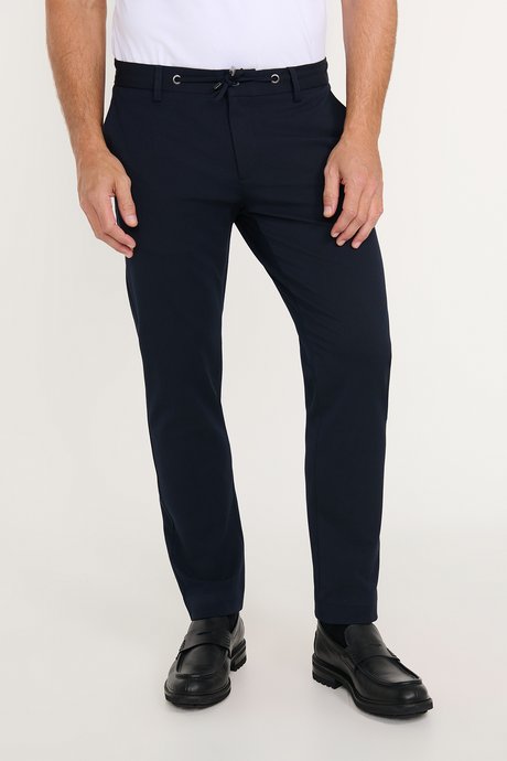 Slim Fit Dar Kesim Beli Bağlamalı Yan Cepli Esnek Lacivert Pantolon resmi