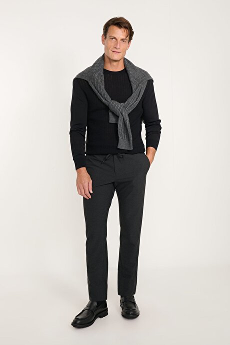 Slim Fit Dar Kesim Beli Bağlamalı Yan Cepli Esnek Casual Antrasit Pantolon resmi