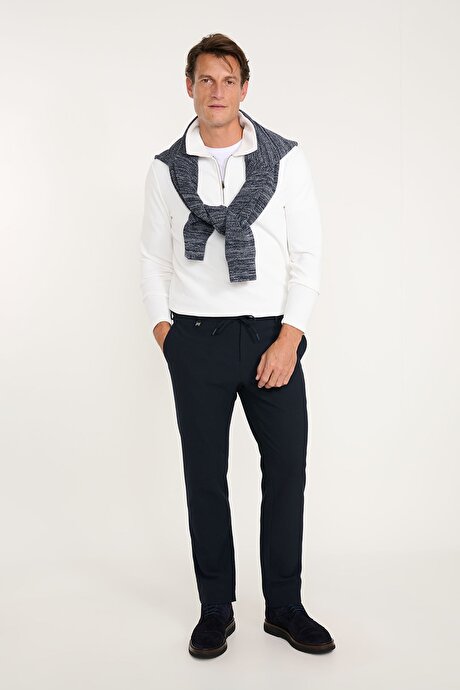 Slim Fit Dar Kesim Beli Bağlamalı Yan Cepli Esnek Casual Lacivert Pantolon resmi