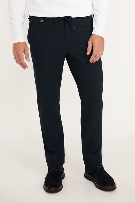 Slim Fit Dar Kesim Beli Bağlamalı Yan Cepli Esnek Casual Lacivert Pantolon resmi