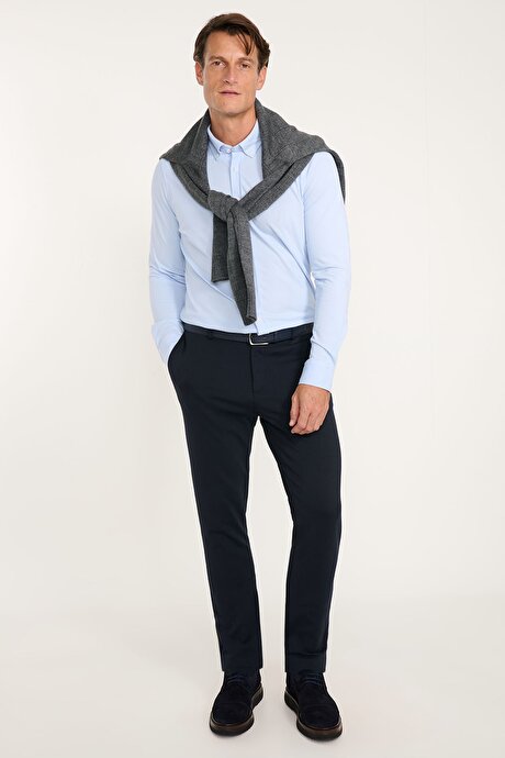Pamuklu Slim Fit Dar Kesim Beli Bağlamalı Yan Cepli Esnek Casual Lacivert Pantolon resmi