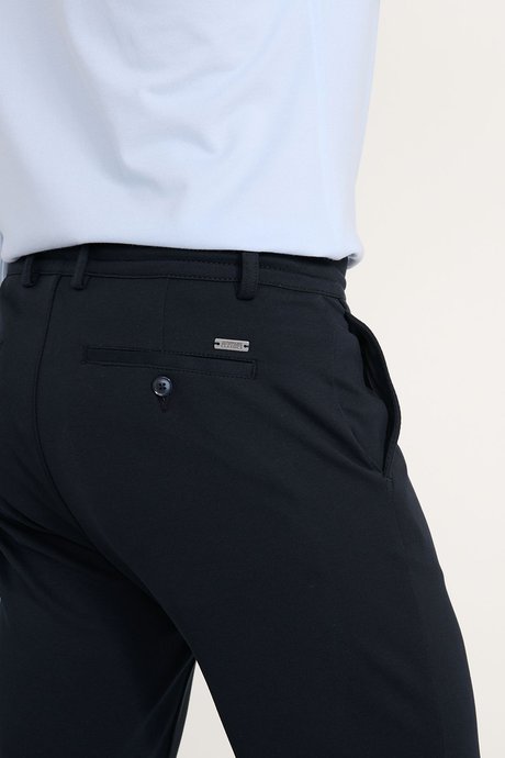 Pamuklu Slim Fit Dar Kesim Beli Bağlamalı Yan Cepli Esnek Casual Lacivert Pantolon resmi
