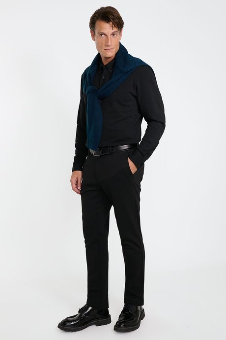 Pamuklu Slim Fit Dar Kesim Beli Bağlamalı Yan Cepli Esnek Casual Siyah Pantolon resmi