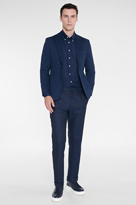 Slim Fit Dar Kesim Beli Gizli Lastikli Yan Cepli Armürlü Lacivert Pantolon resmi