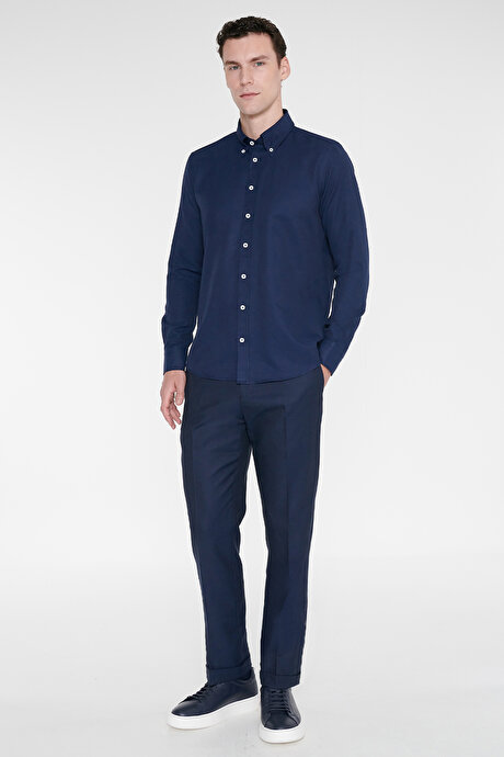 Slim Fit Dar Kesim Beli Gizli Lastikli Yan Cepli Armürlü Lacivert Pantolon resmi