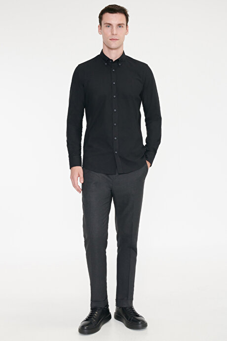 Slim Fit Dar Kesim Beli Gizli Lastikli Yan Cepli Armürlü Siyah Pantolon resmi