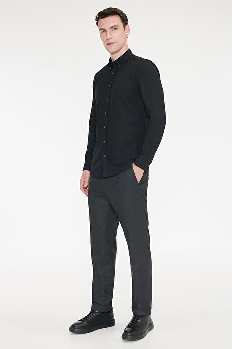 Slim Fit Dar Kesim Beli Gizli Lastikli Yan Cepli Armürlü Siyah Pantolon resmi