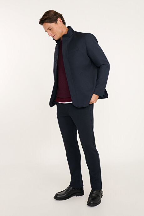 Slim Fit Dar Kesim Beli Bağlamalı Yan Cepli Esnek Lacivert Pantolon resmi