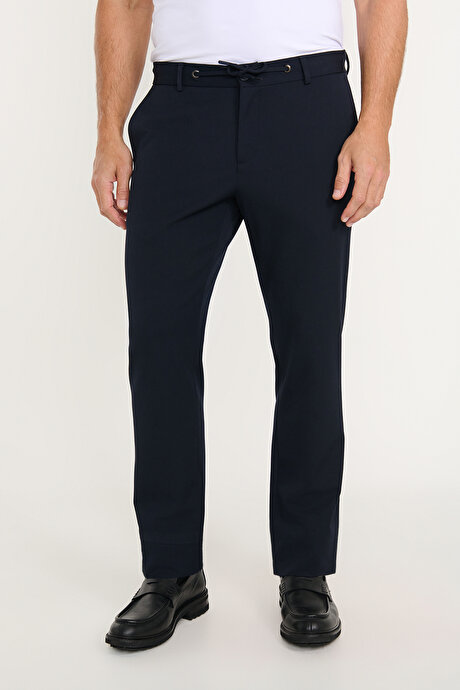 Slim Fit Dar Kesim Beli Bağlamalı Yan Cepli Esnek Lacivert Pantolon resmi