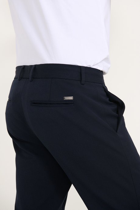 Slim Fit Dar Kesim Beli Bağlamalı Yan Cepli Esnek Lacivert Pantolon resmi