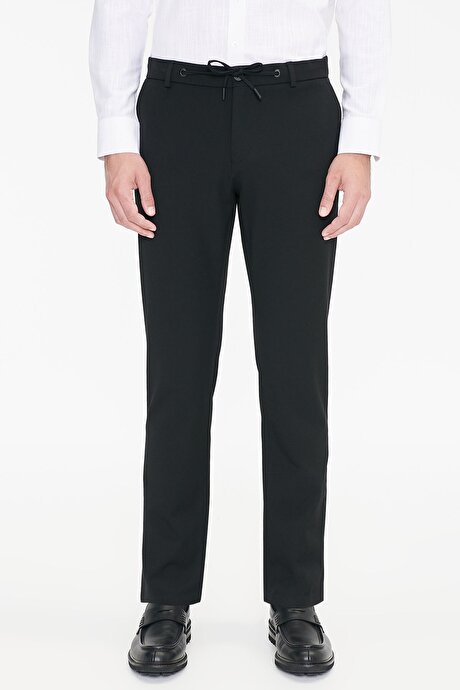 Slim Fit Dar Kesim Beli Bağlamalı Yan Cepli Esnek Siyah Pantolon resmi
