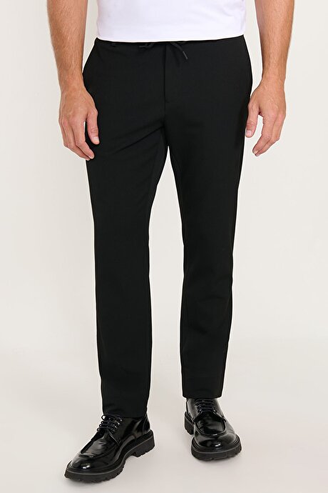 Slim Fit Dar Kesim Beli Bağlamalı Yan Cepli Esnek Siyah Pantolon resmi