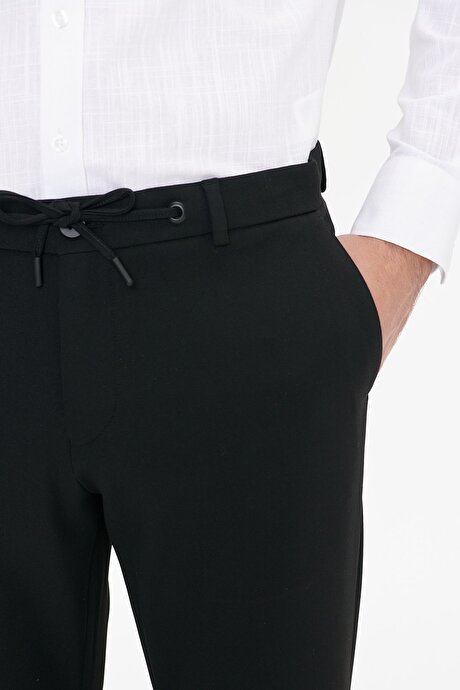 Slim Fit Dar Kesim Beli Bağlamalı Yan Cepli Esnek Siyah Pantolon resmi