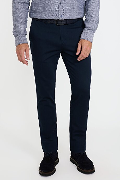 Pamuklu Slim Fit Dar Kesim Armürlü Yan Cepli Casual Esnek Lacivert Pantolon resmi