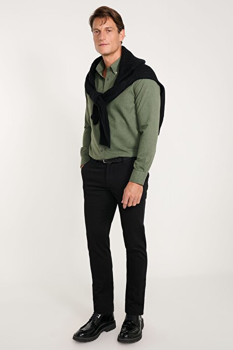 Pamuklu Slim Fit Dar Kesim Armürlü Yan Cepli Casual Esnek Siyah Pantolon resmi