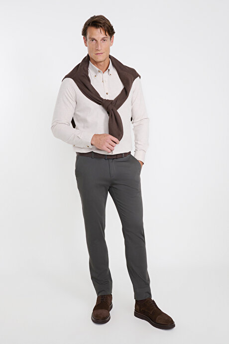 Pamuklu Slim Fit Dar Kesim Armürlü Yan Cepli Casual Esnek Yeşil Pantolon resmi