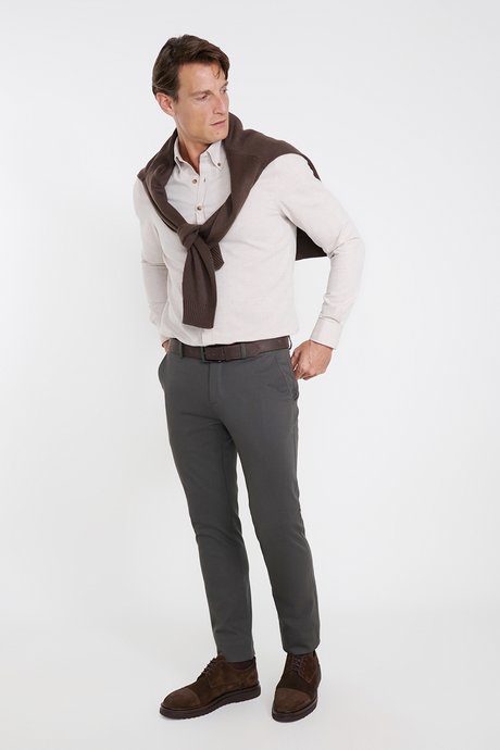 Pamuklu Slim Fit Dar Kesim Armürlü Yan Cepli Casual Esnek Yeşil Pantolon resmi