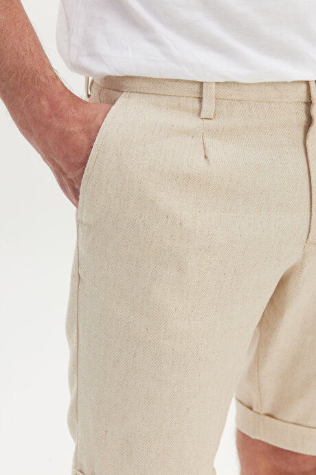 Yumuşak Dokulu Keten Slim Fit Dar Kesim Diagonal Desenli Yan Cepli Bej Şort resmi