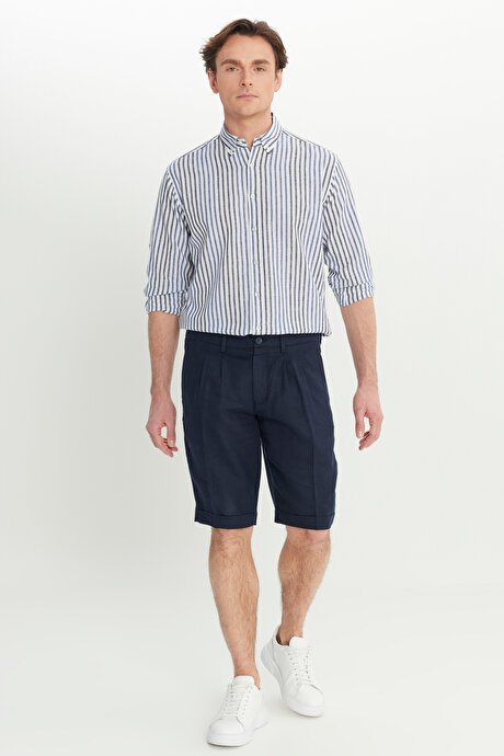 %100 Keten Slim Fit Dar Kesim Beli Lastikli Yan Cepli Lacivert Şort resmi
