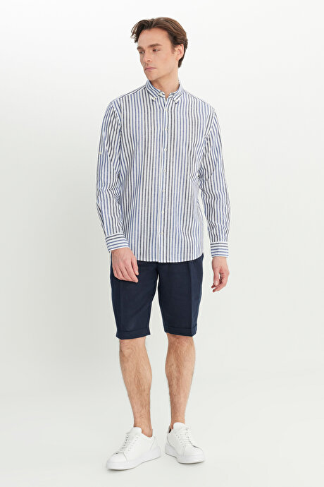 %100 Keten Slim Fit Dar Kesim Beli Lastikli Yan Cepli Lacivert Şort resmi