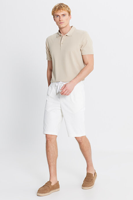 Pamuklu Slim Fit Dar Kesim Beli Bağlamalı Yan Cepli Esnek Beyaz Şort resmi