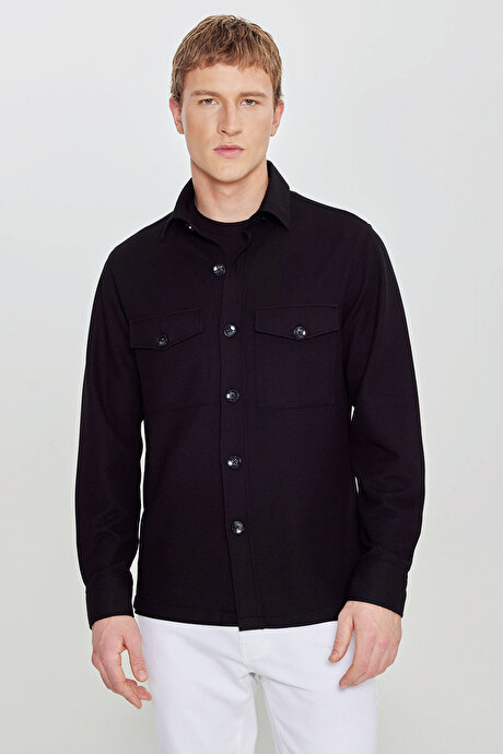 Comfort Fit Rahat Kesim Gömlek Yaka Kapaklı Torba Cepli Armürlü Blazer Siyah Gömlek Ceket resmi