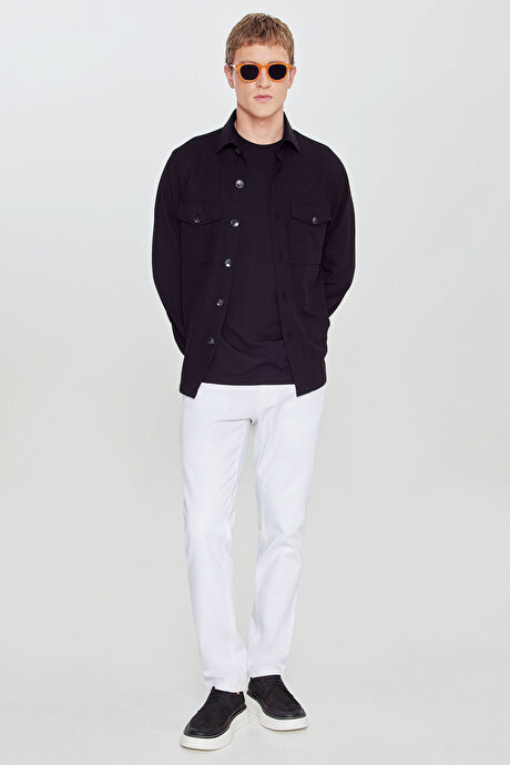 Comfort Fit Rahat Kesim Gömlek Yaka Kapaklı Torba Cepli Armürlü Blazer Siyah Gömlek Ceket resmi