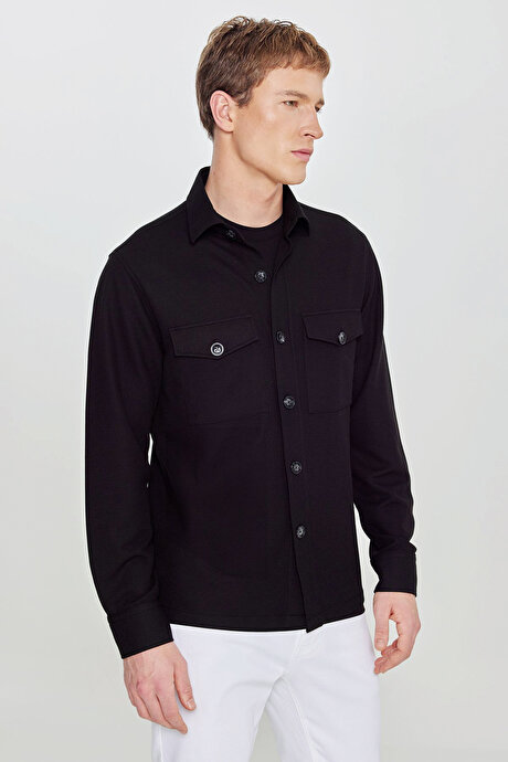 Comfort Fit Rahat Kesim Gömlek Yaka Kapaklı Torba Cepli Armürlü Blazer Siyah Gömlek Ceket resmi