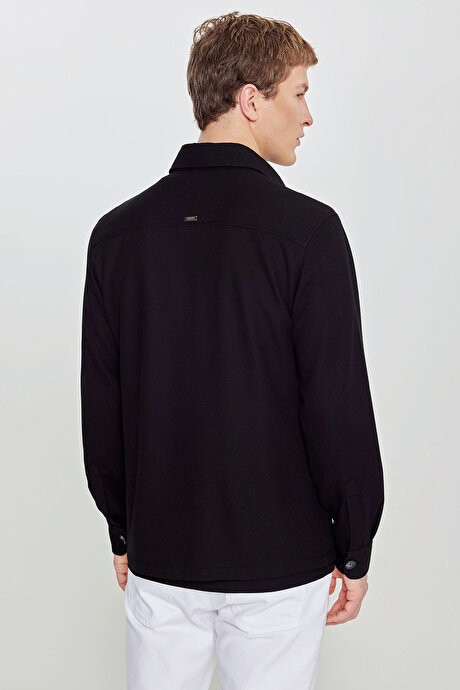 Comfort Fit Rahat Kesim Gömlek Yaka Kapaklı Torba Cepli Armürlü Blazer Siyah Gömlek Ceket resmi