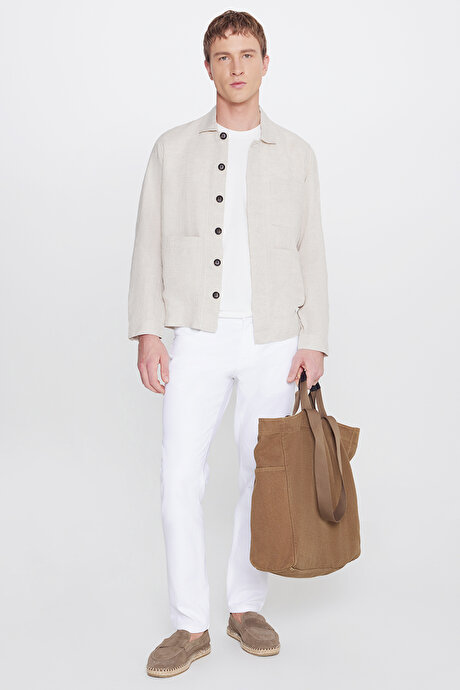 %100 Keten Regular Fit Normal Kesim Gömlek Yaka Torba Cepli Blazer Bej Gömlek Ceket resmi