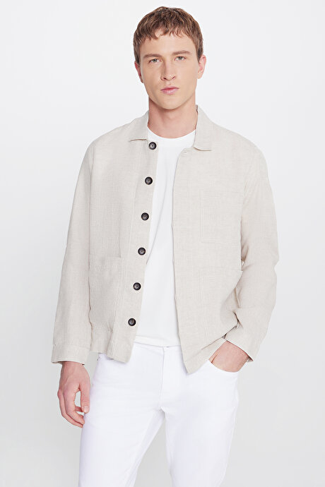 %100 Keten Regular Fit Normal Kesim Gömlek Yaka Torba Cepli Blazer Bej Gömlek Ceket resmi