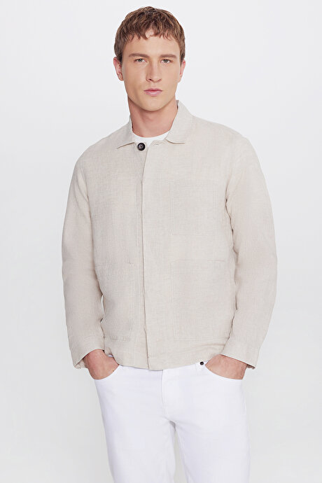 %100 Keten Regular Fit Normal Kesim Gömlek Yaka Torba Cepli Blazer Bej Gömlek Ceket resmi
