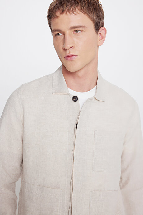 %100 Keten Regular Fit Normal Kesim Gömlek Yaka Torba Cepli Blazer Bej Gömlek Ceket resmi