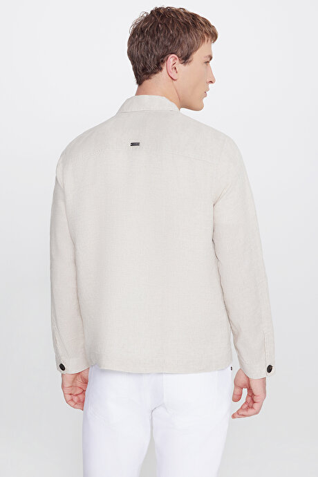 %100 Keten Regular Fit Normal Kesim Gömlek Yaka Torba Cepli Blazer Bej Gömlek Ceket resmi